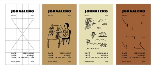 Coffee packaging series holding one rigid grid while swapping loose hand-drawn scenes and earth tones per variant, grid overlay shown alongside.