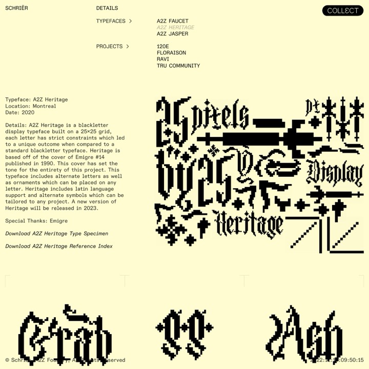 Blackletter display typeface drawn on a strict 25x25 pixel grid, derived from the 1990 Emigre #14 cover, with sword and star ornaments.