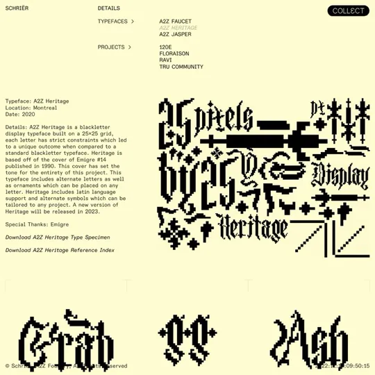 Blackletter display typeface drawn on a strict 25x25 pixel grid, derived from the 1990 Emigre #14 cover, with sword and star ornaments.