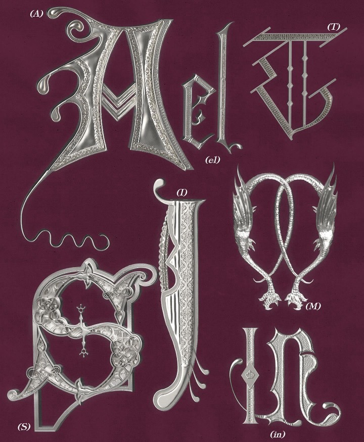Chrome-embossed blackletter letterforms with dragon-limb and interlace ornament on oxblood, a reference point for ornate metallic lettering.
