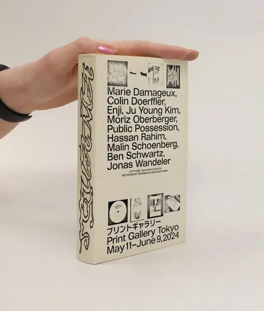 Squama B-Sides exhibition print, tight grotesk artist list on cream stock with hand-drawn outline lettering running vertically up the spine.