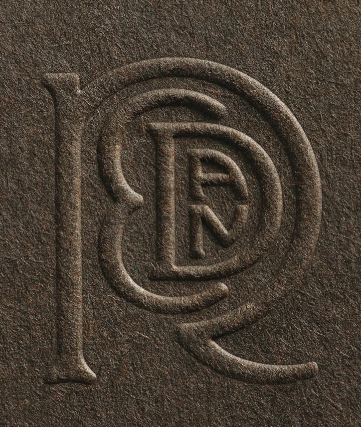 Interlocking monogram blind-embossed into coarse fibrous board, showing how raked light alone can carry a mark with zero ink.