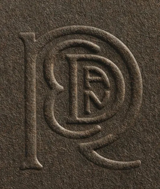 Interlocking monogram blind-embossed into coarse fibrous board, showing how raked light alone can carry a mark with zero ink.