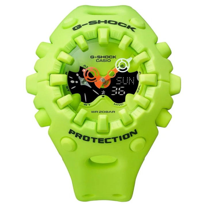 Highlighter-green G-Shock rendered as a single monolithic blob, all bezel screws and buttons molded into one continuous surface.