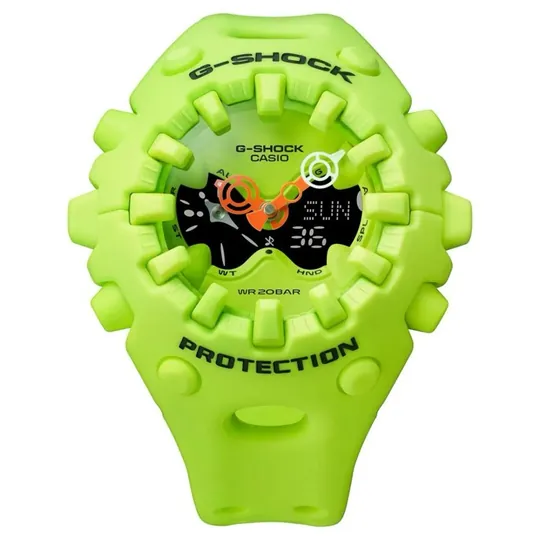 Highlighter-green G-Shock rendered as a single monolithic blob, all bezel screws and buttons molded into one continuous surface.
