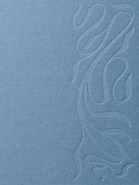 Blind deboss of a crane mark into blue linen cloth, all the identity carried by texture and shadow with zero ink.
